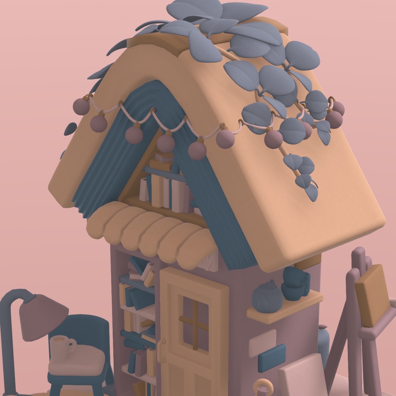 Cozy little cabin with leaves on the roof