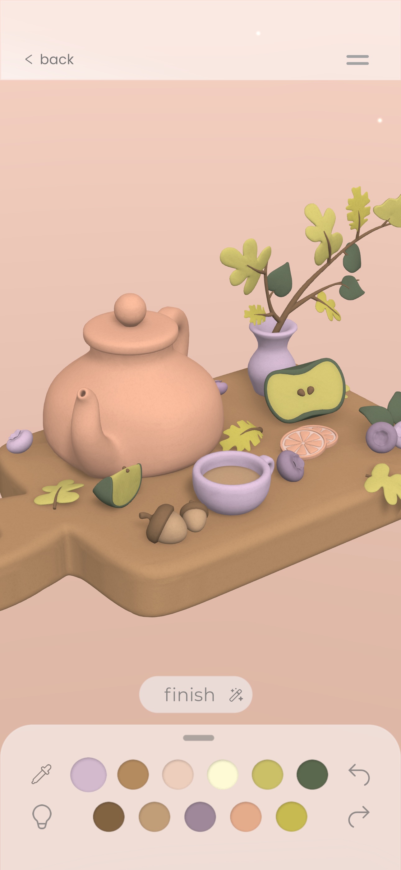 Cozy teapot scene with leaves and acorns